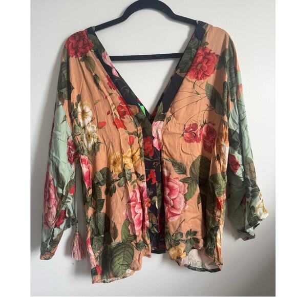 FARM Rio Floral V Neck Boho Blouse S Tassel Tie Romantic Cottagecore - Picture 2 of 7